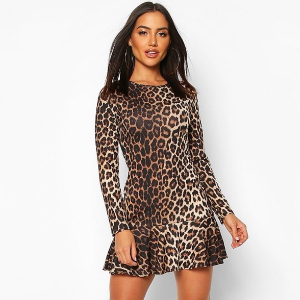 Leopard LongSleeve Ruffle Hem Dress